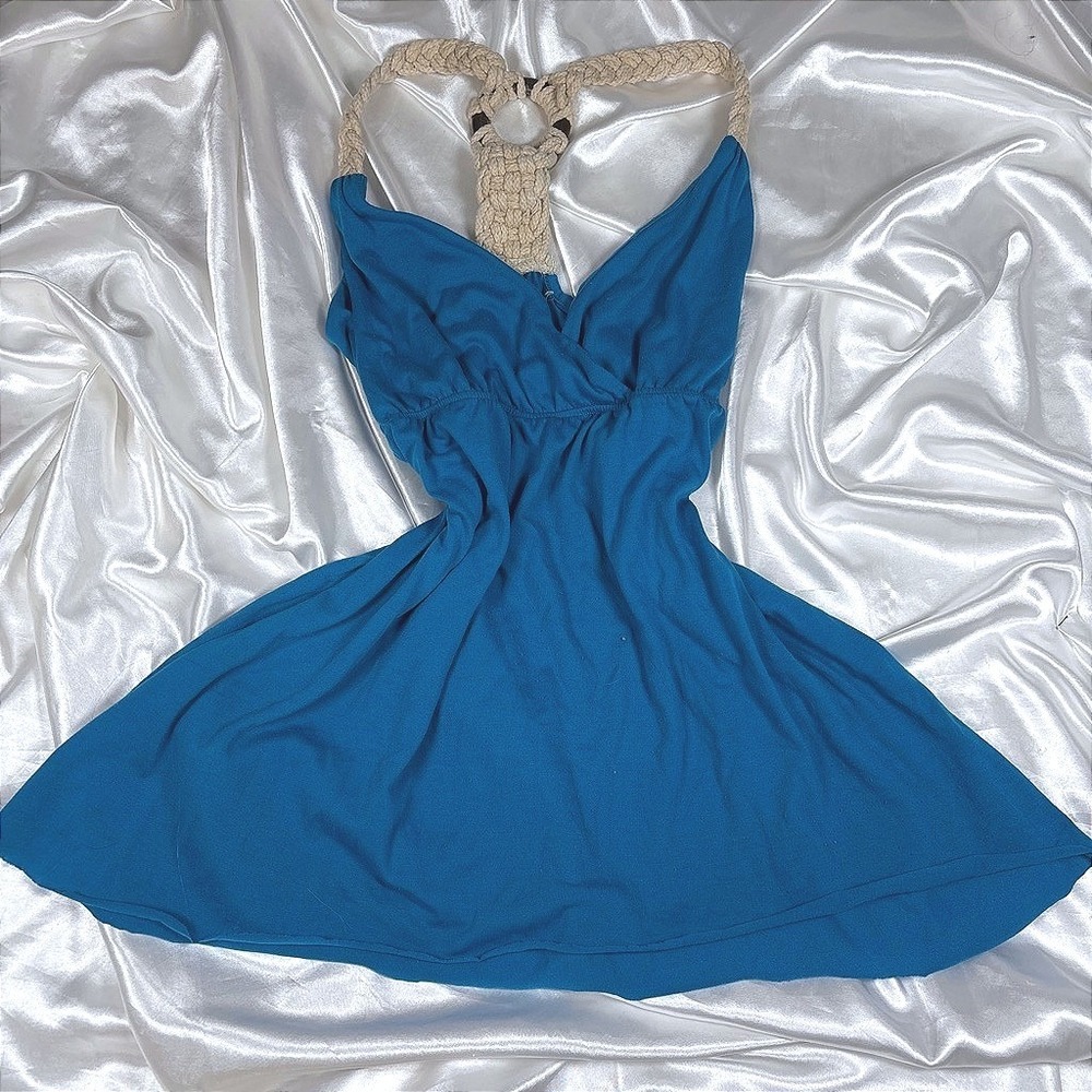 y2k Halter Top Blue Excellent Braided Macrame O-Ring Boho Empire Waist Peplum